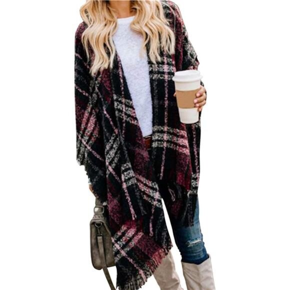 Boho Buffalo Plaid Poncho Pashmina Shawl Wrap Cape Sweater Knitting Cardigan - Picture 1 of 7
